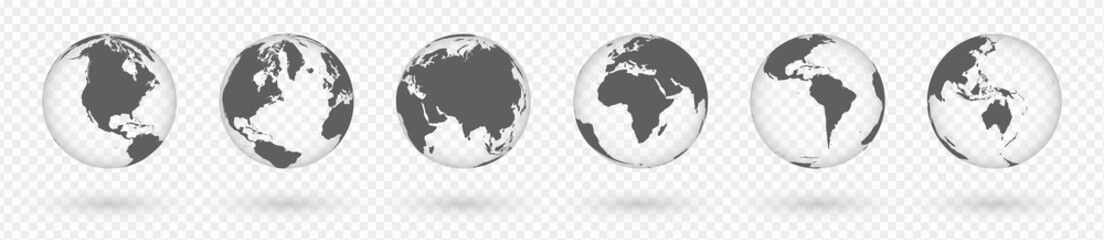 Globe of world, earth. Vector transparent 3d world map icons on background. Europe, Asia, Africa, America, Australia on globus. Set of global planets, simple flat spheres in black color illustration. © grate_art