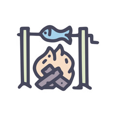 fish on campfire color vector doodle simple icon