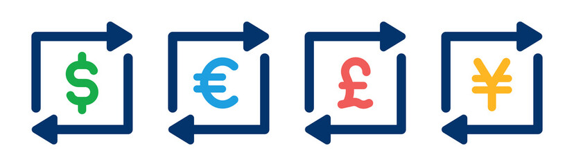 Exchange money icon set. Cashback symbol. Dollar, euro, pound and yen currency vector illustration.