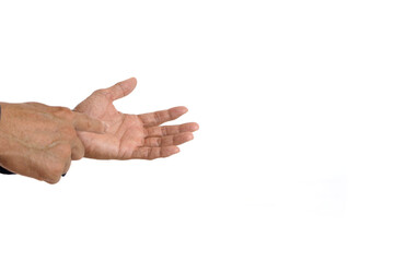 Man holding palm pain on white background.