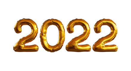 Happy New Year 2022 metallic gold foil balloons isolated on white background. 3d rendering.