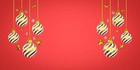 Christmas and happy new year decorations with a golden silver ball and golden star on red background, 3d rendering.