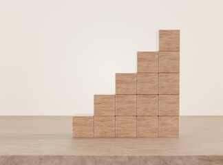 Blank wood cube mock up in stair shape or graph on wooden floor background. business concept, 3D rendering.