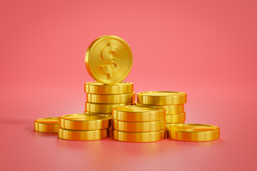 Stack of gold coins on red background, 3D rendering.