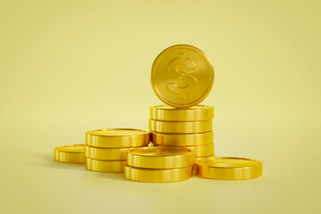 Stack of gold coins on yellow background, 3D rendering.