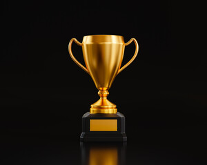 Gold trophy on black background, 3D illustration.