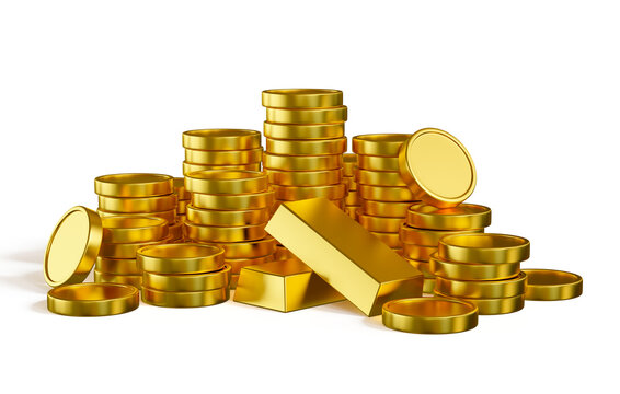 Stack of gold coins and gold bar isolated on white background, 3D rendering.