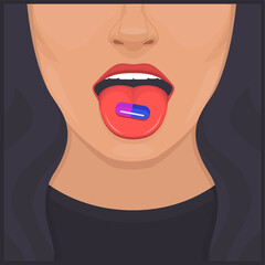 mouth with pill on tongue, vector illustration