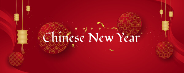 Fototapeta na wymiar Chinese New Year Greeting Banner Isolated on Red Background with Golden Lanterns, Oriental Pattern, and Confetti
