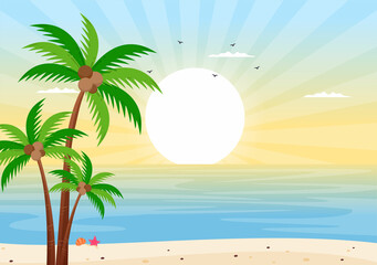 Fototapeta na wymiar Sea Sunrise Landscape Above Morning Scene Ocean with Clouds, Water Surface, Palm Tree and Beach in Flat Background Illustration for Banner