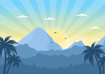 Sunrise Landscape of Morning Scene Mountains, Hill, Lake and Valley in Flat Nature for Poster, Banner or Background Illustration