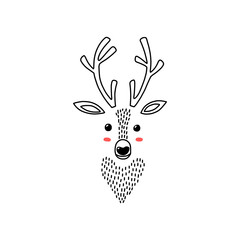 Deer head portrait. Stylized drawing reindeer in simple scandi style. Nursery scandinavian art. Black and white vector illustration - 478422552