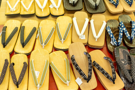displayed japanese traditional sandals in the shop of nakamise street in asakusa, tokyo