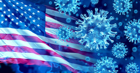 American virus outbreak and United States covid-19 or influenza background as dangerous flu strain cases in the USA as a pandemic medical health risk concept with disease cells. - obrazy, fototapety, plakaty