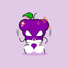 cute grape character with angry expression. nose blowing smoke, eyes bulging and grinning. green and purple. suitable for emoticon, logo, mascot