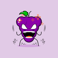 cute grape character with very angry expression. eyes bulging and mouth wide open. green and purple. suitable for emoticon, logo, mascot
