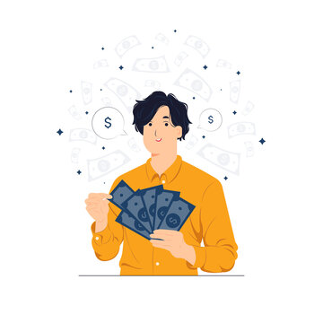 Smiling confident successful rich business man holding money us dollar bills in hand concept illustration