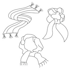 A set of different styles of scarves for winter, spring and autumn. Simple vector outline illustration. Suitable for children's books and coloring pages, as well as in infographics, for catalogs.