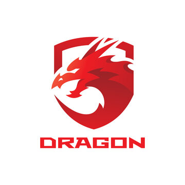 Modern Gradient Style Dragon Logo Design. Dragon Head and Shield Badge Emblem Vector Icon