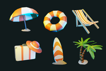 various beach ornaments for holidays such as large umbrellas, surf, lounge chairs, suitcases, and buoys. resort and orange