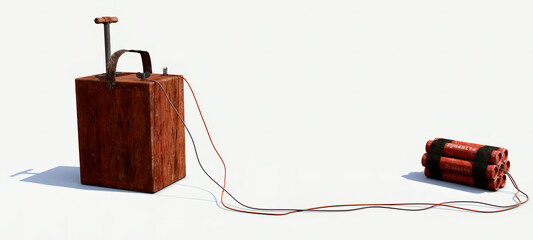 Antique wooden dynamite detonator wired into dynamite explosives. 3D illustration of ancient dynamite detonator device. - obrazy, fototapety, plakaty