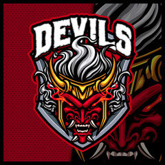 Samurai Red Oni Skull Monster mascot esport logo design illustrations vector template, Devil Ninja logo for team game streamer banner, full color cartoon style