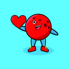 Cute cartoon mascot character bowling ball mascot holding big red heart in modern style design for t-shirt, sticker, and logo element