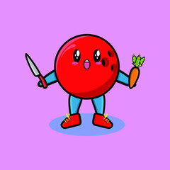 Cute cartoon mascot character bowling ball holding knife and carrot in modern style design for t-shirt, sticker, logo element