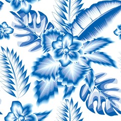 Fototapeta premium beautiful interior decorative seamless pattern with blue monochromatic color style tropical abstract jasmine flower plant foliage and banana monstera fern leaves. Floral background. Summer print 