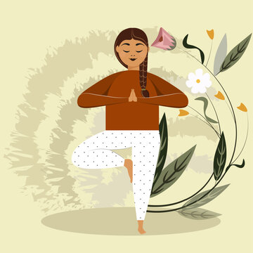 Mujer de talle grande, meditando en la naturaleza. Ilustraci&oacute;n de concepto de yoga, meditaci&oacute;n, relajaci&oacute;n, recreaci&oacute;n, estilo de vida saludable.