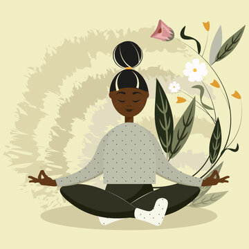 Mujer meditando en la naturaleza. Ilustraci&oacute;n de concepto de yoga, relajaci&oacute;n, recreaci&oacute;n, estilo de vida saludable. 