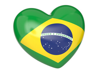 Brazil  national flag on heart. 3D rendering. 3D illustration.