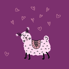 Hand drawn romantic valentine llama and hearts. Perfect for T-shirt, postcard, textile and print. Doodle vector illustration for decor and design.
