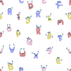 Alphabet letters with hands and eyes doodle seamless pattern. Perfect for T-shirt, postcard, textile and print. Hand drawn vector illustration for decor and design. 
