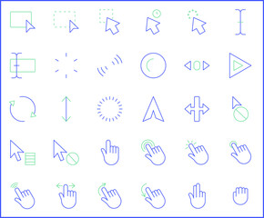 Set of cursors and selection icons line style. It contains such Icons as pointer, click, mouse, arrows, icon, clock, interface, wire frame, computer and other elements.
