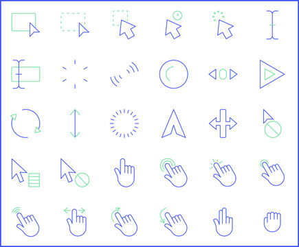 Set of cursors and selection icons line style. It contains such Icons as pointer, click, mouse, arrows, icon, clock, interface, wire frame, computer and other elements.