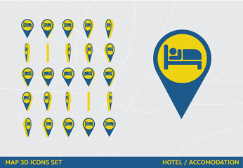 Maps 3D Icon Set Rotation Accomodation Hotel Lodging Vector Illustration