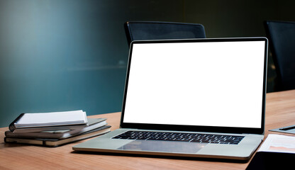 White screen background mock up on display laptop with clipping path