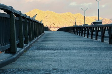 雪の降った早朝の凍った橋の滑りやすい歩道