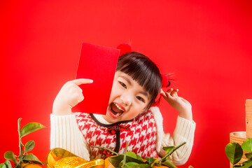 A Chinese girl celebrates the Spring Festival with gold ingots.