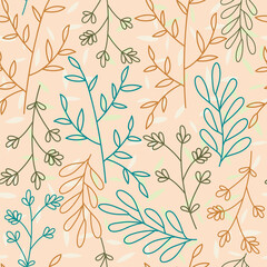 Illustration vector seamless repeat pattern of fullcolor line art leaves and silhouette ornament. Great for retro and vintage fabric, wallpaper, scrapbooking projects, product. Surface pattern design.