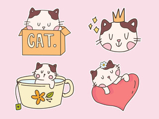 Cute cat cartoon drawing sticker set. Cat bundle collection.