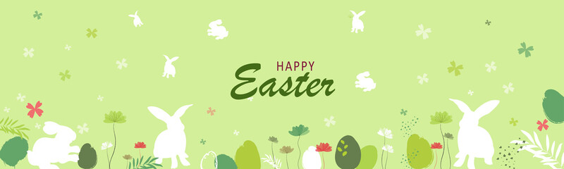 Easter banner. Fashionable Easter design with typography, hand-drawn  eggs, flowers, rabbit ears, in pastel green colors. Modern minimalistic style. Horizontal poster, website header