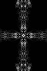 Abstract swirls and clouds smoke forming fantastic silhouettes in form cross.