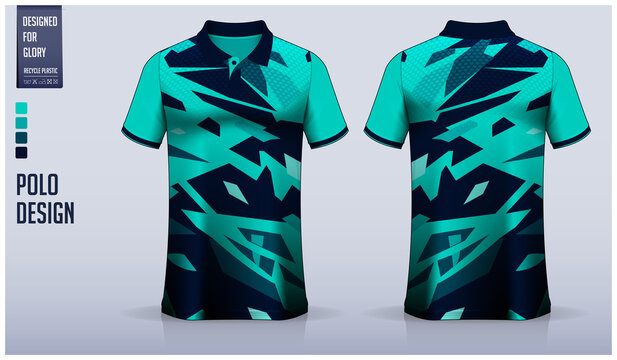 Green Polo shirt mockup template design for soccer jersey, football kit, golf, tennis, or sport uniform. Fabric pattern design.
