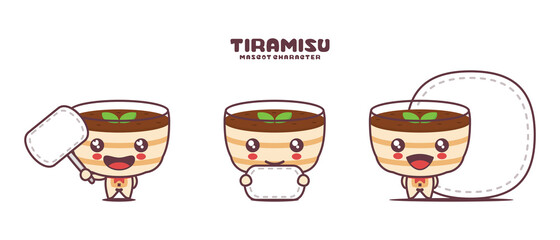 tiramisu cake mascot cartoon in a glass, italian dessert illustration, with blank board banner