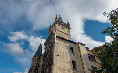 Travel to Czech Republic. Tyn Church spectacular building in Prague in a beautiful summer day, in the Old Town Square. Landmarks of Prague.