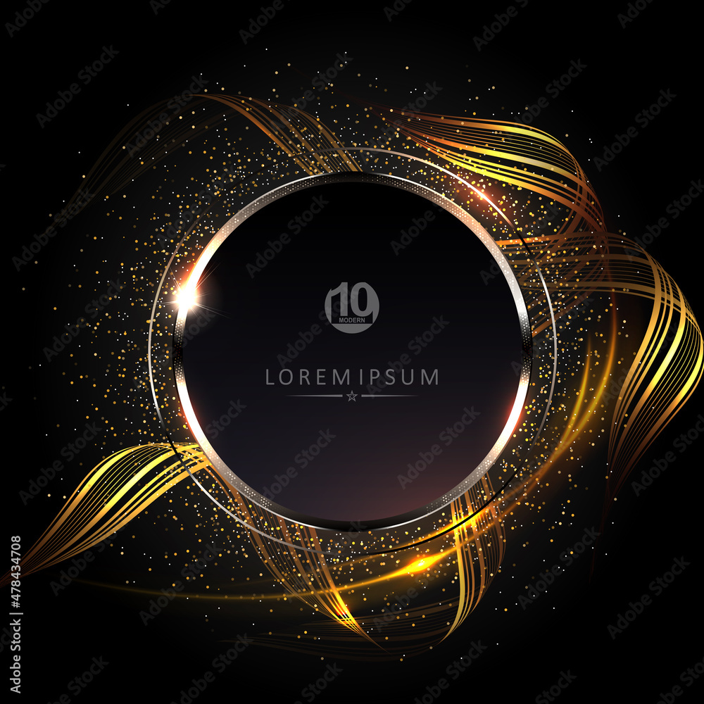 Canvas Prints black illustration, round frame with shiny border and mosaic, golden wave patterns.