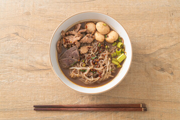 Thai noodle with pork, stewed pork, meatball and pork liver in blood soup