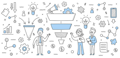 Sales funnel business concept, doodle businesspeople stand at huge filter analysing marketing strategy, clients attraction or conversion and outline infographic icons around Linear vector illustration